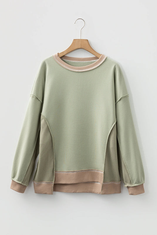 DLLS396 - Ladies Smoke Green Color Block Mix Texture Waffle Patchwork Oversize Sweatshirt