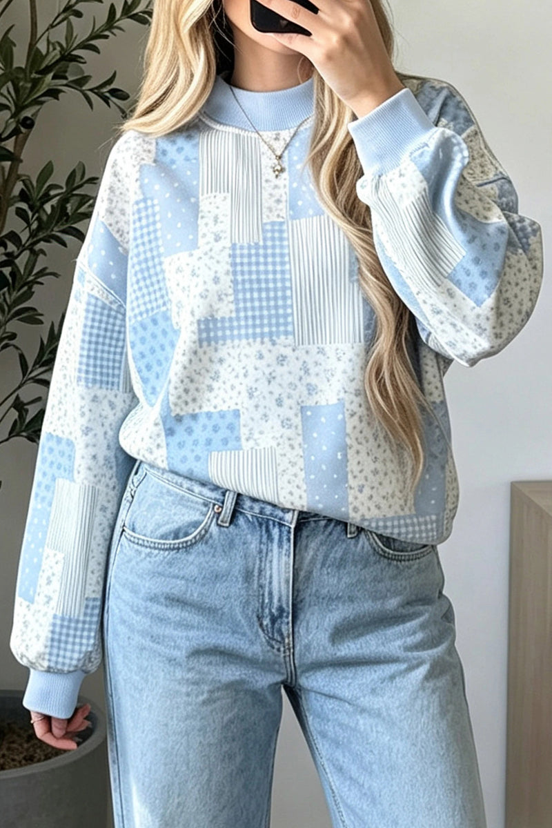 Load image into Gallery viewer, DLLS950 - Ladies Sky Blue Patchwork Floral Print Mock Neck Long Sleeve Sweatshirt
