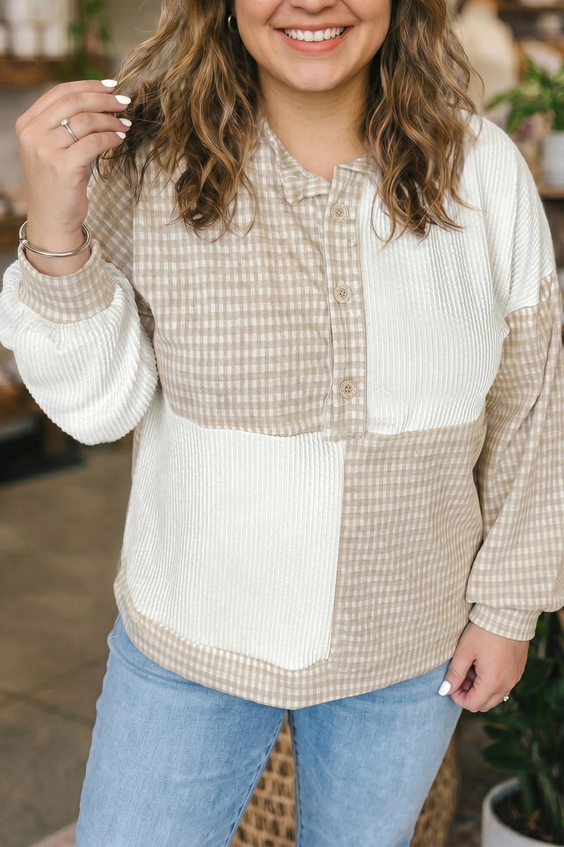 Load image into Gallery viewer, DLLS808 - Ladies Khaki Patchwork Checkered Long Sleeve Round Neck Plus Size Blouse
