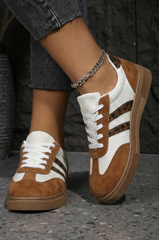 DLLSHOE 8 - Coffee Textured Woven PU Leather Leopard Patchwork Flat Sneakers