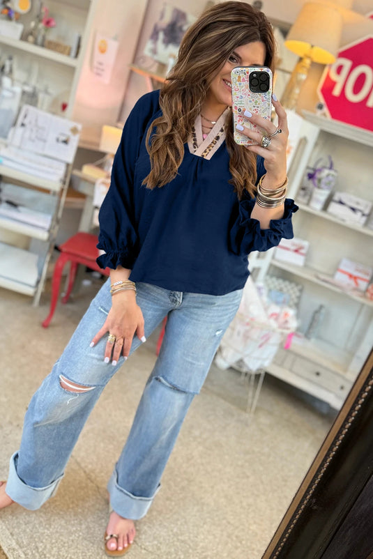 DLLS252 - Ladies Dirty blue Leopard Trim V Neck Flounced Bracelet Sleeve Blouse