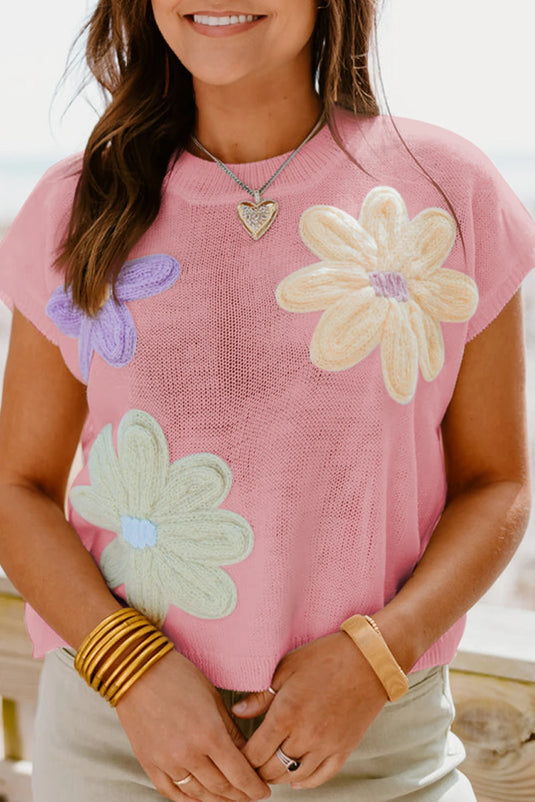 DLLS565 - Ladies Pink Multi Crochet Flower Knit Short Sleeve Sweater Top