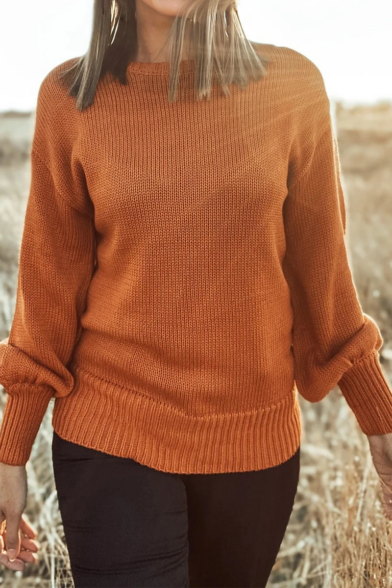 Load image into Gallery viewer, DLLS1131 - Ladies Gold Flame Solid Color Ribbed Trim Drop Shoulder Sweater
