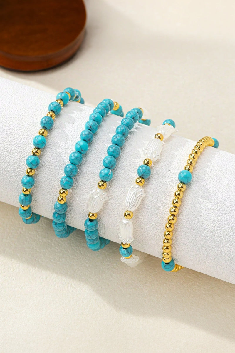 Load image into Gallery viewer, DLLBC 22 - Turquoise Mixed Golden Beads Pearlish Detail 5pcs Bracelet Set
