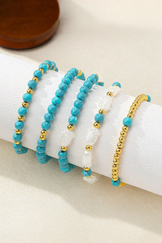 DLLBC 22 - Turquoise Mixed Golden Beads Pearlish Detail 5pcs Bracelet Set