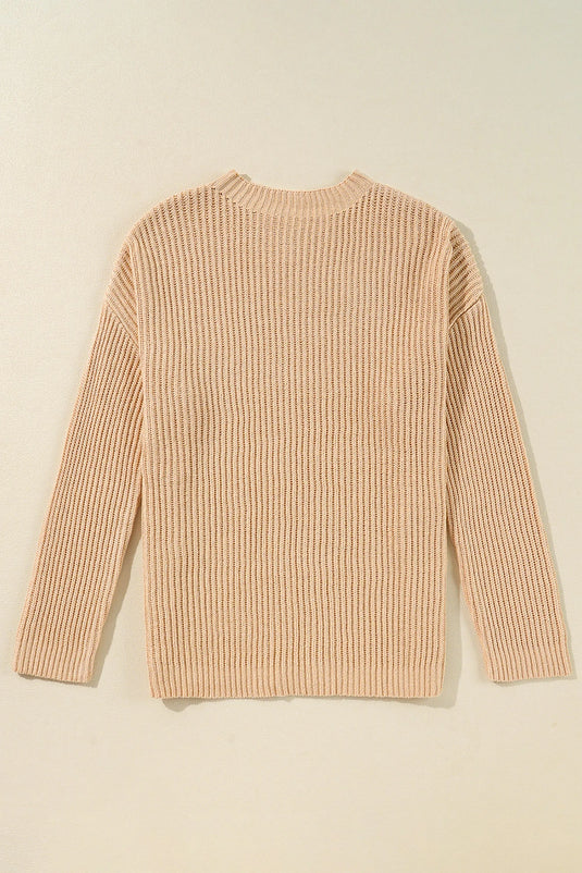 DLLS137 - Ladies Apricot Cable Knit Drop Shoulder Side Slits Loose Sweater