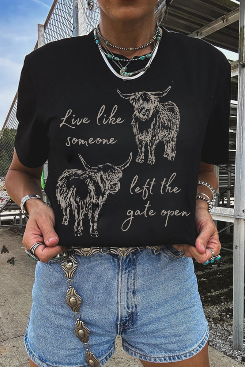 Load image into Gallery viewer, DLLS747 - Ladies Black Western Cow Print Round Neck Casual Tee
