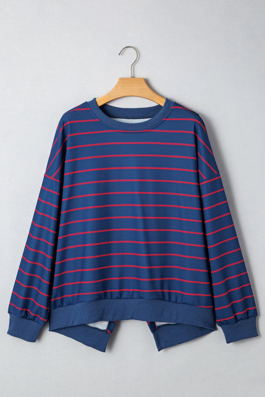 DLLS231 - Ladies Blue Stripe Stylish Overlap Detail Drop Shoulder Pullover Sweatshirt
