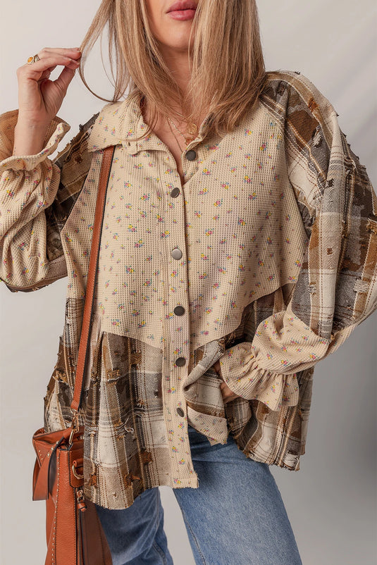 DLLS176 - Oatmeal Boho Floral Plaid Patchwork Distressed Detail Ruffled Sleeve Waffle Knit Shacket