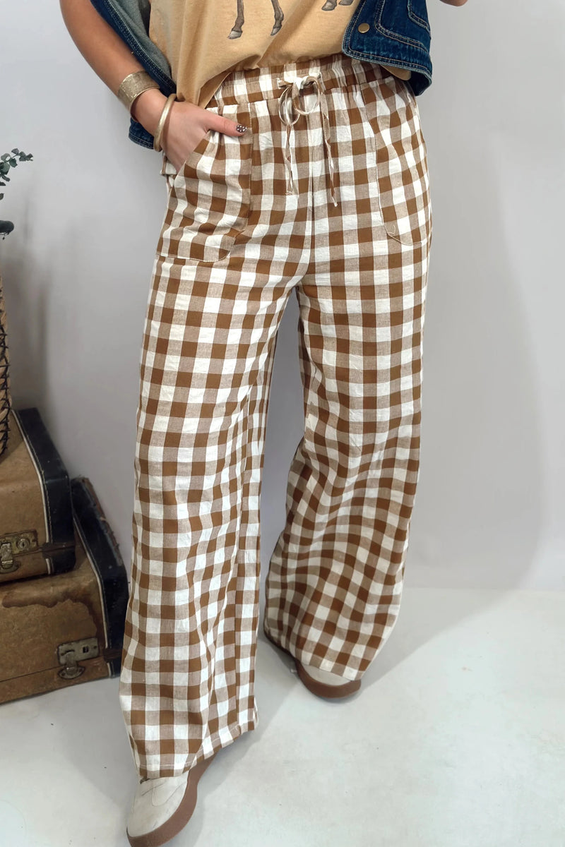 Load image into Gallery viewer, DLLS763 - Ladies Brown Gingham Plaid Tie Elastic Waist Shift Pants
