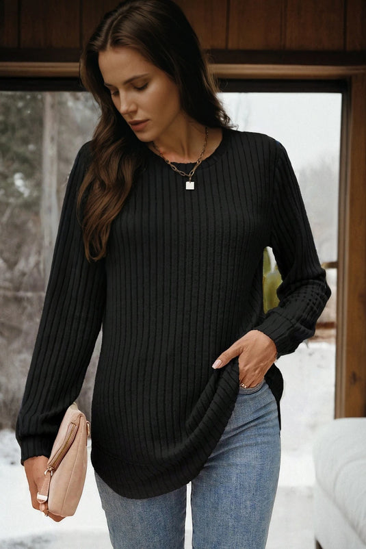 DLLS187 - Ladies Black Ribbed Texture Round Neck Long Sleeve Rounded Hem Knit Top