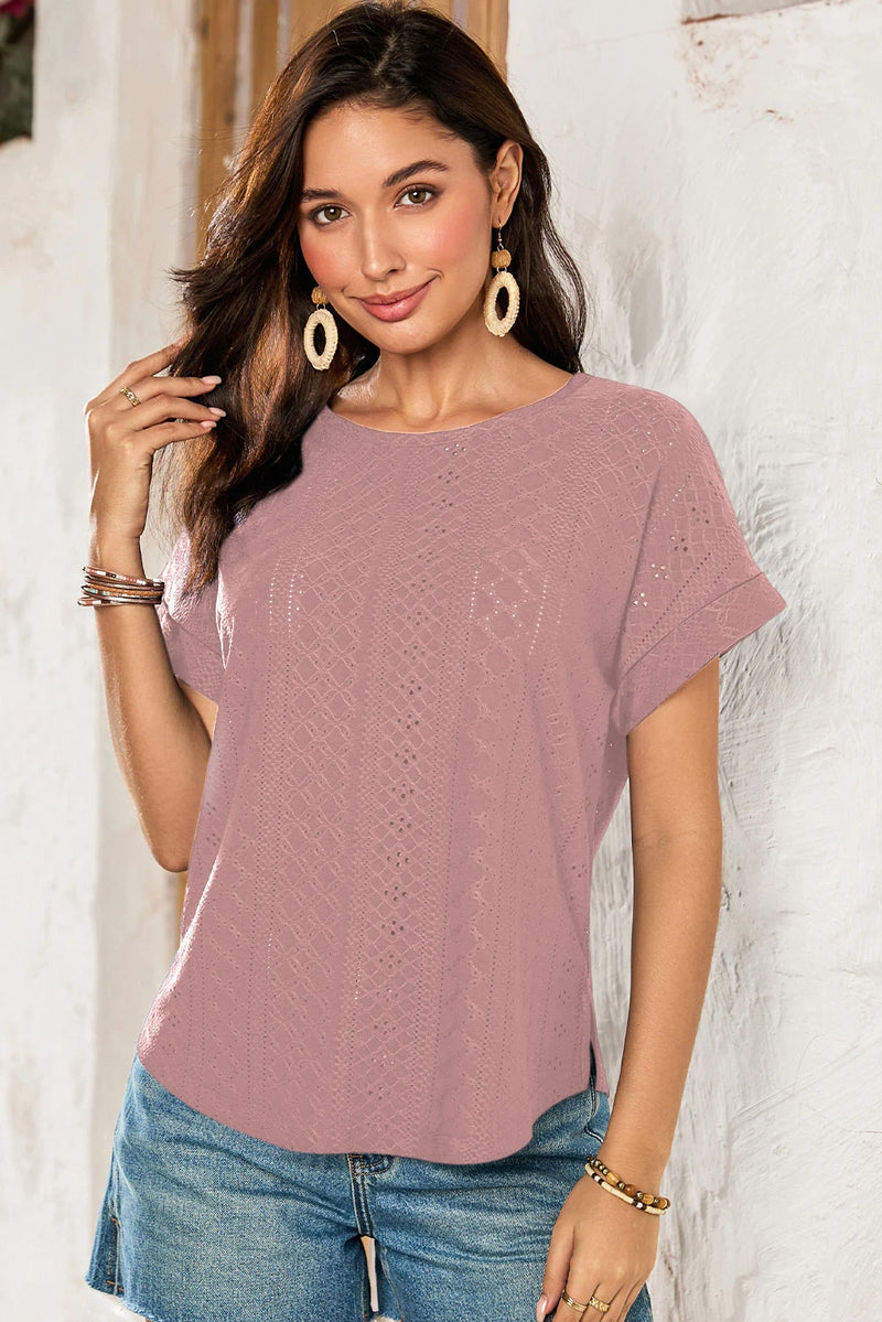 Load image into Gallery viewer, DLLS484 - Ladies Rose Tan Solid Color Eyelet Jacquard Cuffed Short Sleeve Top
