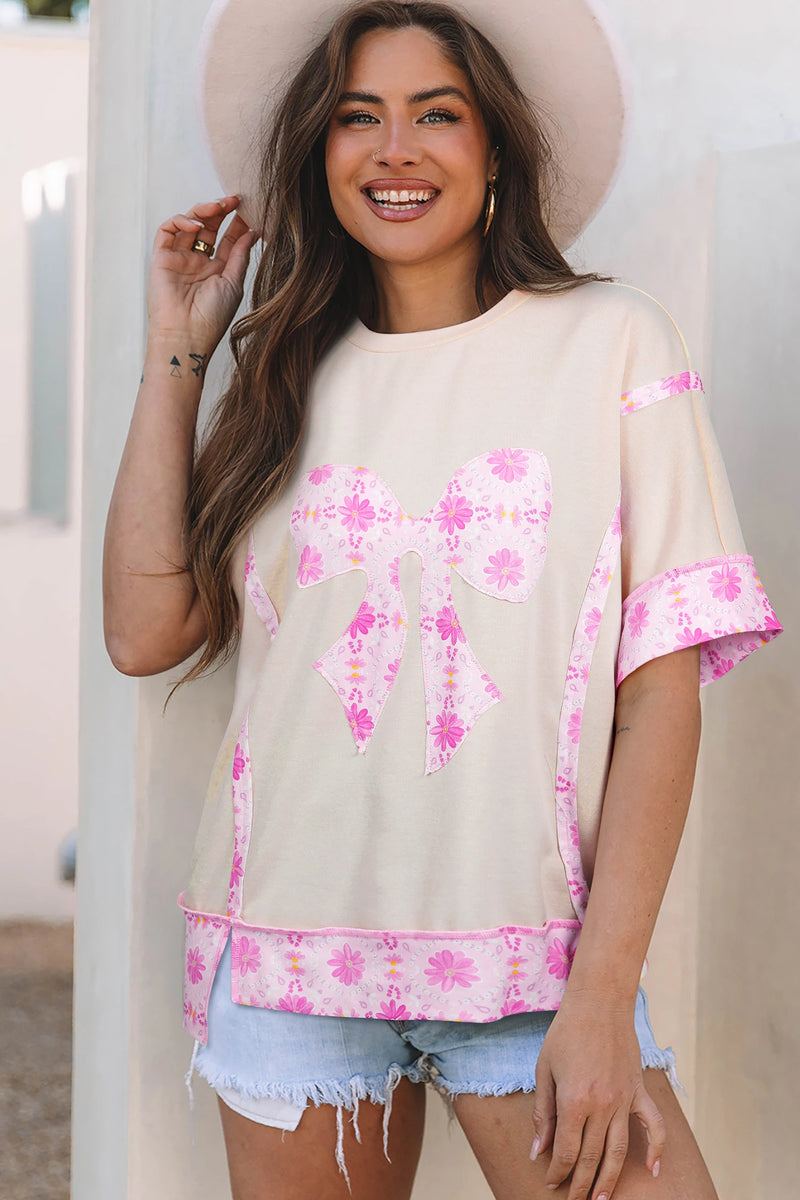 Load image into Gallery viewer, DLLS631 - Ladies Apricot Daisy Floral Bow Contrast Patchwork Loose T Shirt
