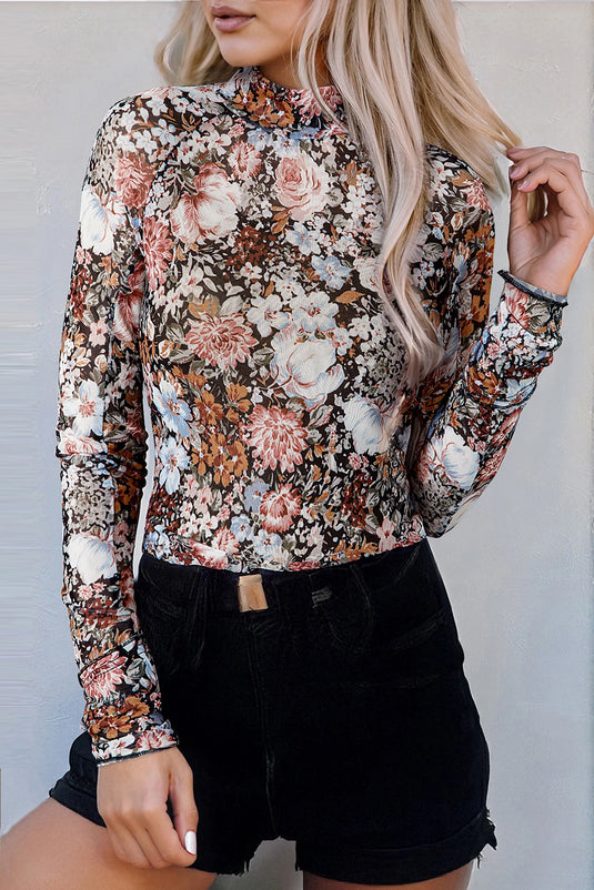 DLLS122 - Ladies Brown Floral Long Sleeve High Neck Sheath Mesh Blouse