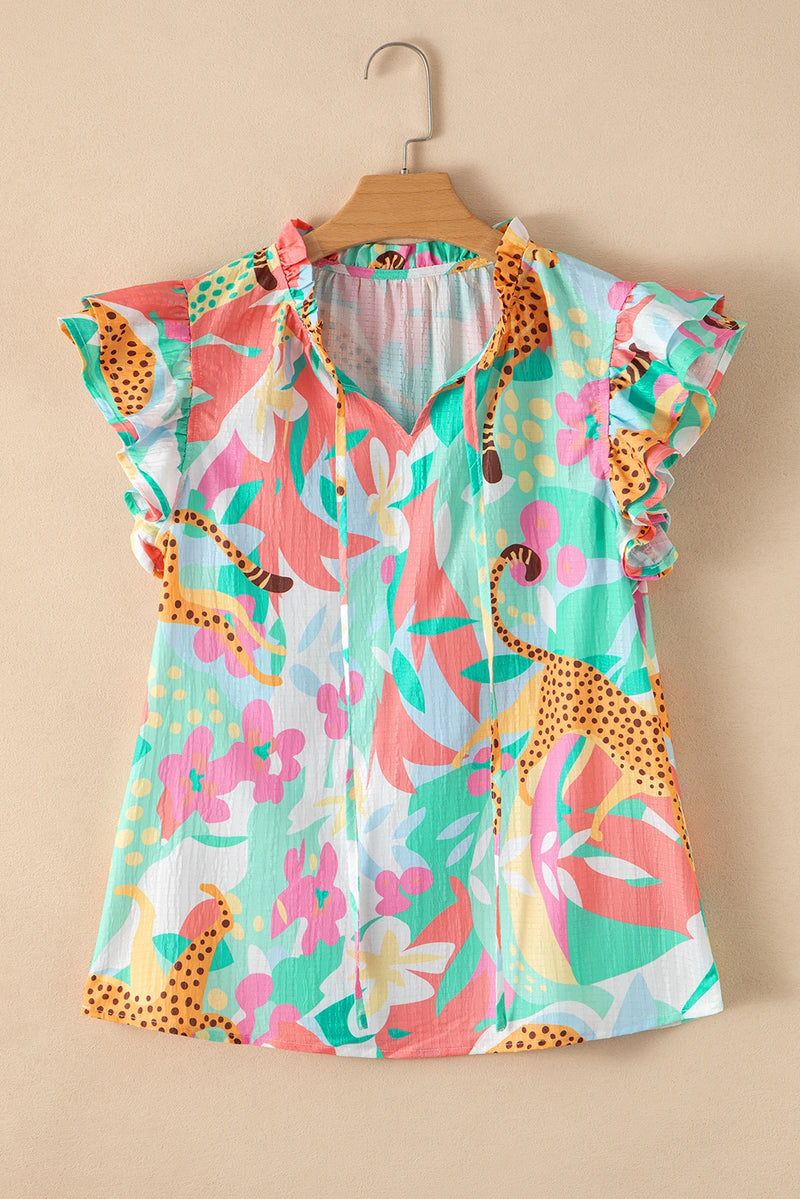 Load image into Gallery viewer, DLLS563 - Ladies Green Frilly Ruffle Tie Split Neck Summer Floral Blouse
