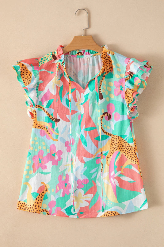 DLLS563 - Ladies Green Frilly Ruffle Tie Split Neck Summer Floral Blouse