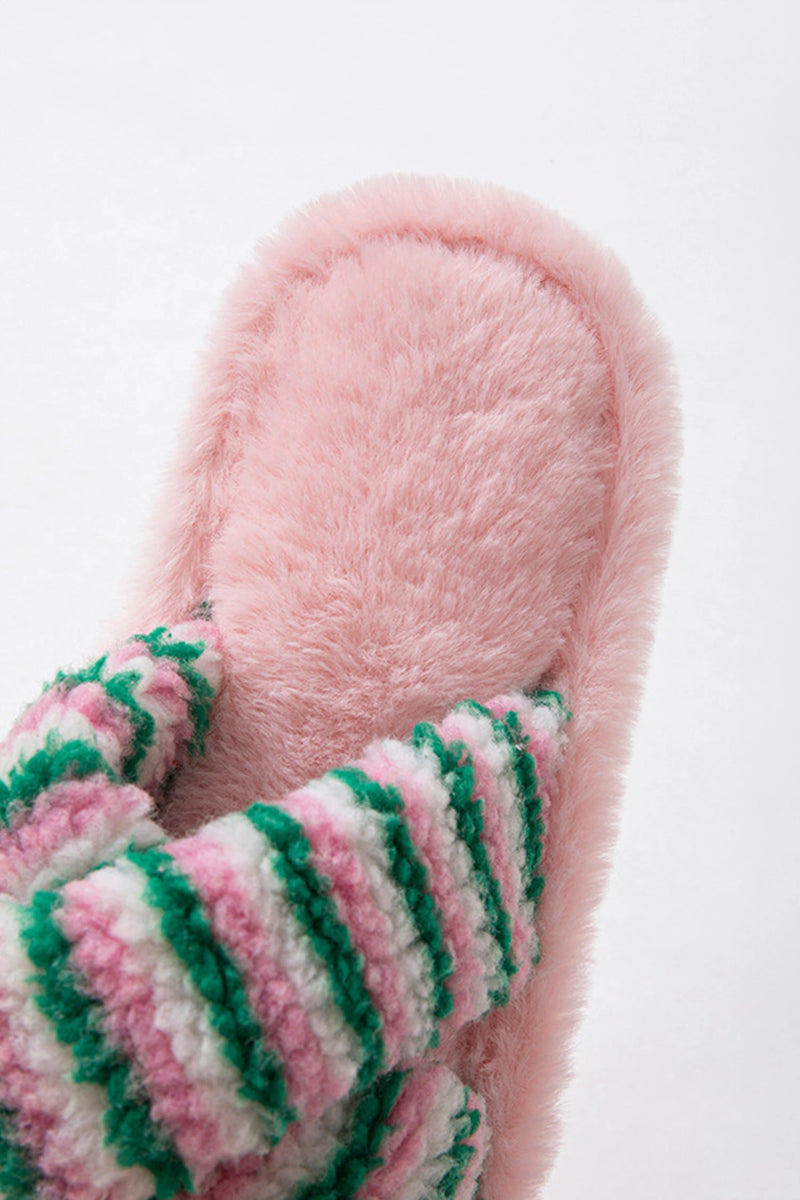 Load image into Gallery viewer, DLLSHOE 184 - Pink Striped Cross Band Soft Plush Open Toe Slippers
