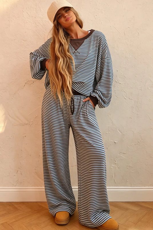 DLLS1053 - Ladies Brown Stripe Drop Shoulder Loose Top and Pants Two Piece Set