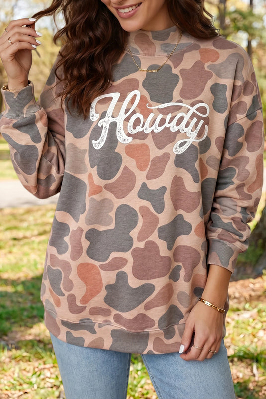 DLLS777 - Ladies Multicolour Camo Print Howdy Western Style Baggy Pullover Sweatshirt