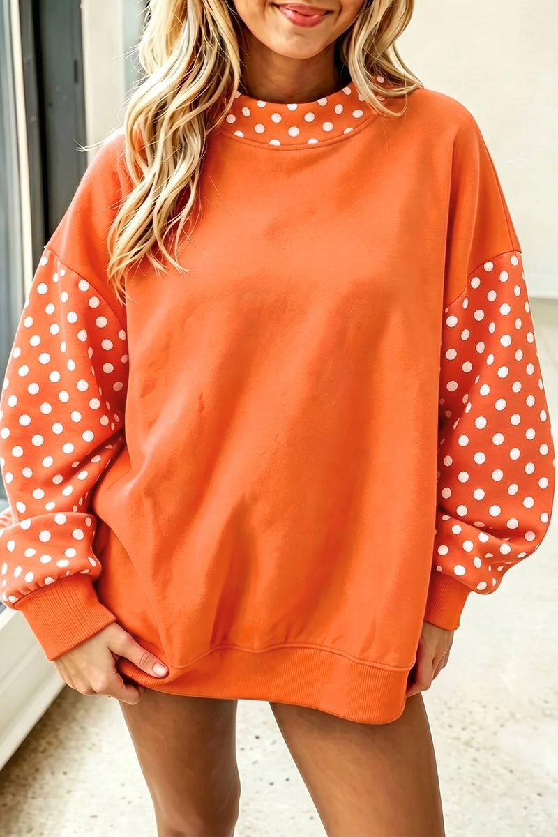 Load image into Gallery viewer, DLLS1100 - Ladies Orange Polka Dot Contrast Round Neck Long Sleeve Baggy Sweatshirt

