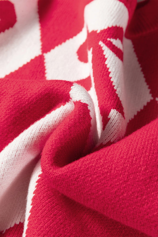 DLLS232 - Ladies Red Bow Print 2-Tone Rhombus Knit Loose Sweater