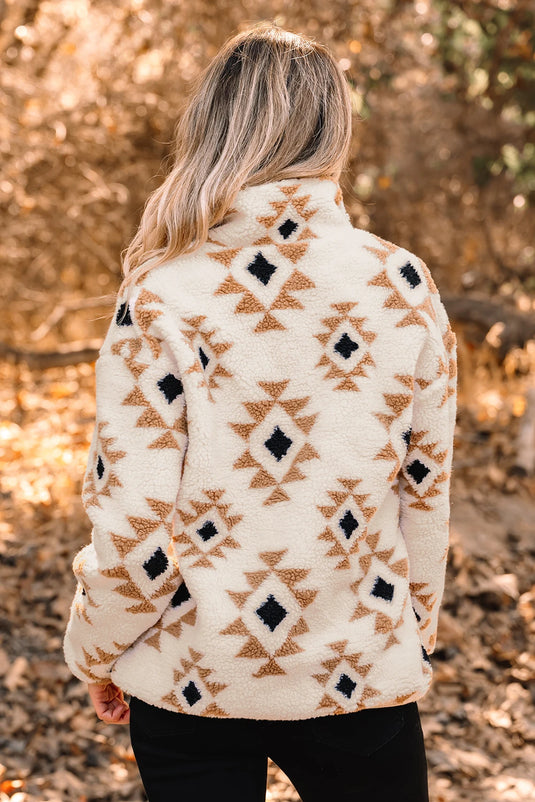 DLLS201 - Ladies Khaki Aztec Print Sherpa Quarter Zip Collar Sweatshirt