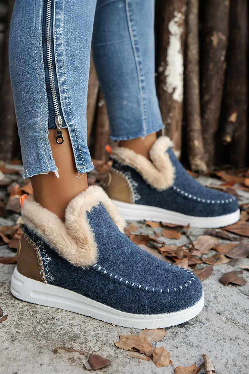 Load image into Gallery viewer, DLLSHOE 123 - Blue Suede Stitching Patchwork Plush Lined Anklet Boots
