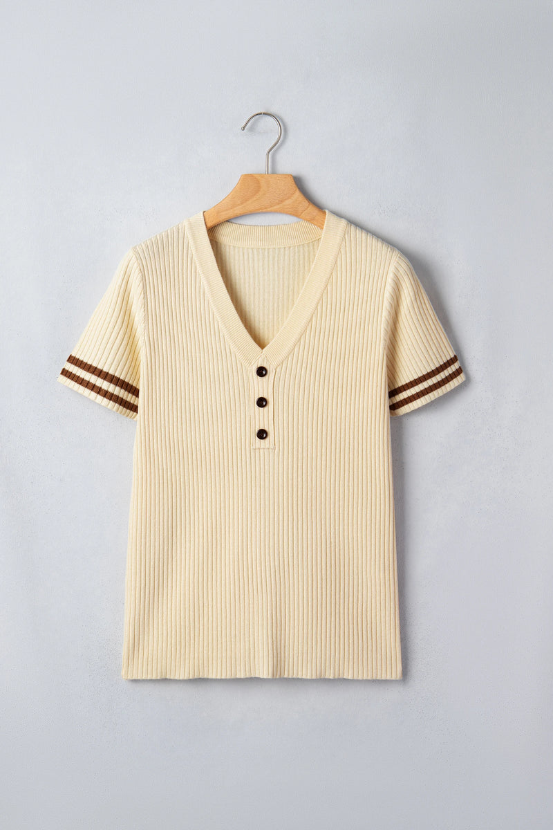 Load image into Gallery viewer, DLLS580 - Ladies Apricot V Neck Ribbed Knit Striped Trim Short Sleeve Sweater
