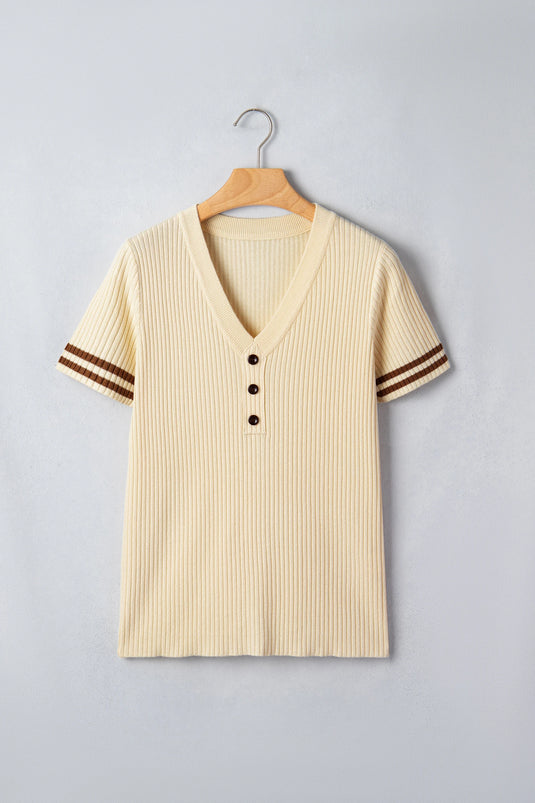 DLLS580 - Ladies Apricot V Neck Ribbed Knit Striped Trim Short Sleeve Sweater