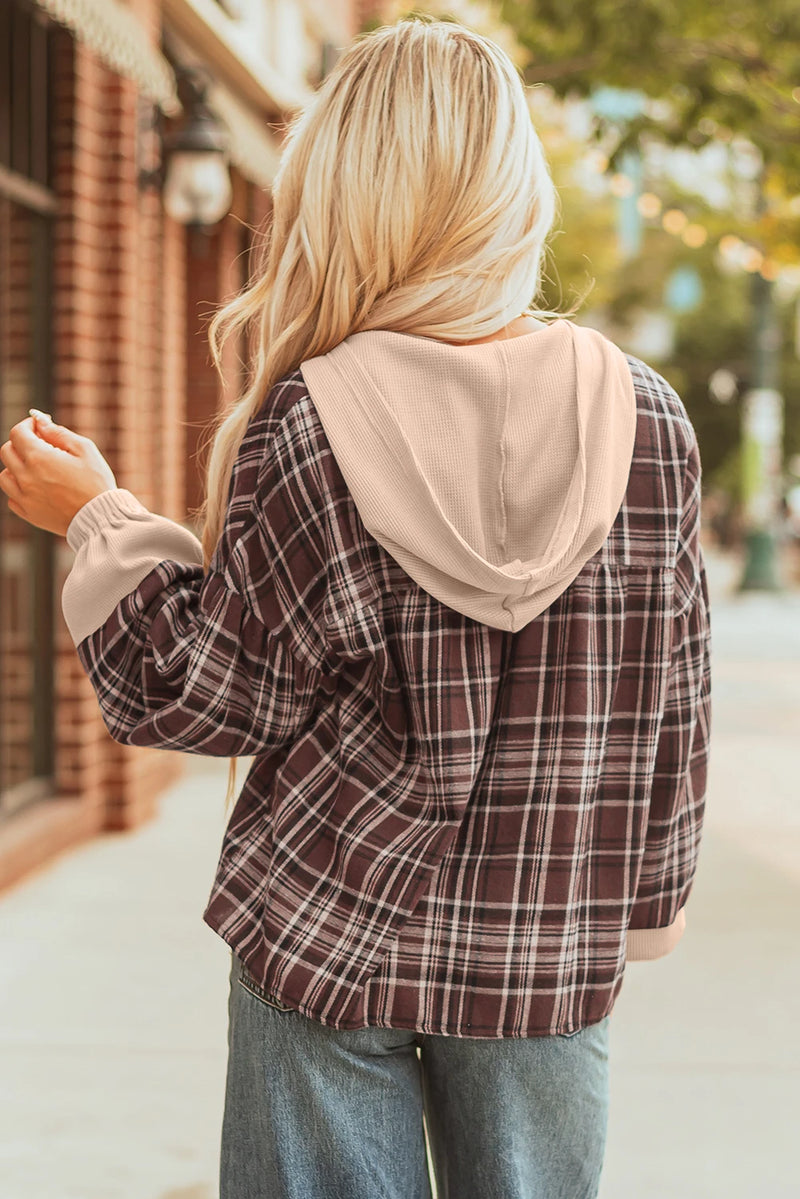 Load image into Gallery viewer, DLLS327 - Ladies Brown Plaid Patchwork Long Sleeve Button Hooded Blouse
