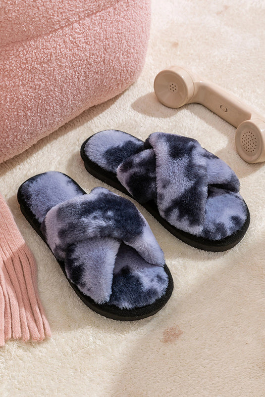 DLLSHOE 180 - Bristol Black Eye Catching Dyed Faux Fur Cross Band Winter Slippers