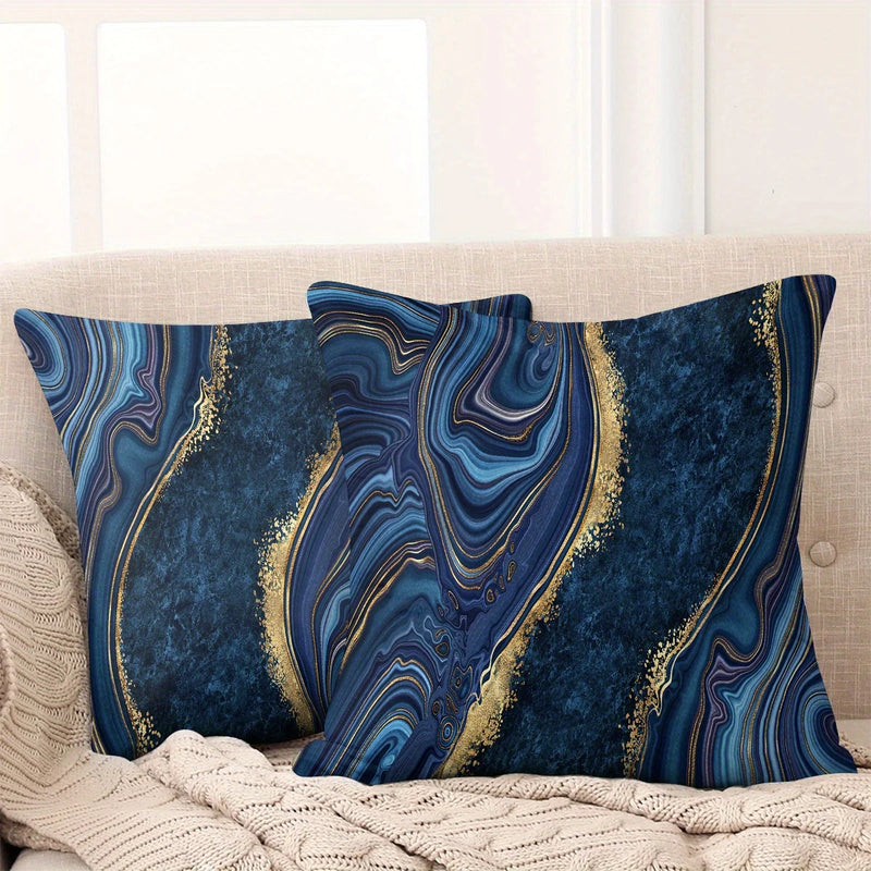 Load image into Gallery viewer, TMPL131 - 2 Piece Set - 18&quot; x 18&quot; Elegant Blue &amp; Golden Marble Throw Pillows
