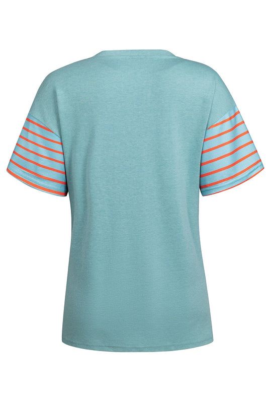 DLLS517 - Ladies Mint Green Color Block Striped Detail Loose T Shirt