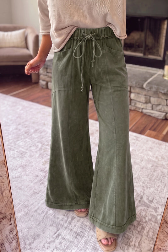 DLLS1028 - Ladies Jungle Green Mineral Wash Seam Detail Flare Leg Drawstring Pants