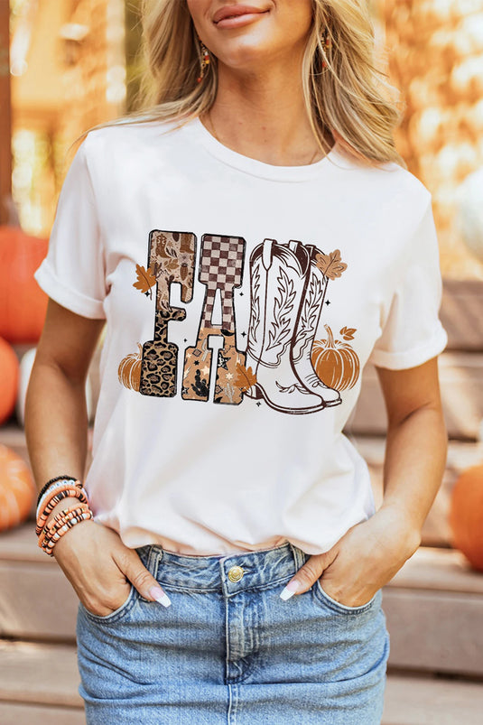 DLLS788 - Ladies White FALL Letter Print Western Thanksgiving Graphic T-Shirt