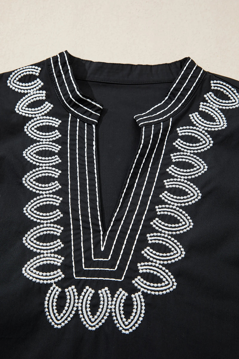 Load image into Gallery viewer, DLLS364 - Ladies Black Short Puff Sleeve Contrast Embroidered Detail V Neck Blouse
