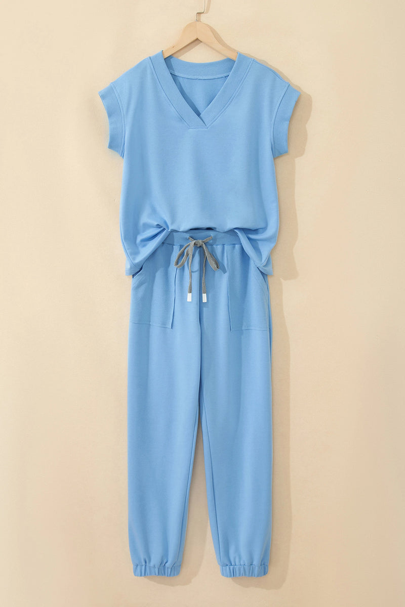 Load image into Gallery viewer, DLLS933 - Ladies Beau Blue Solid Color V Neck Tee Drawstring Pant Set

