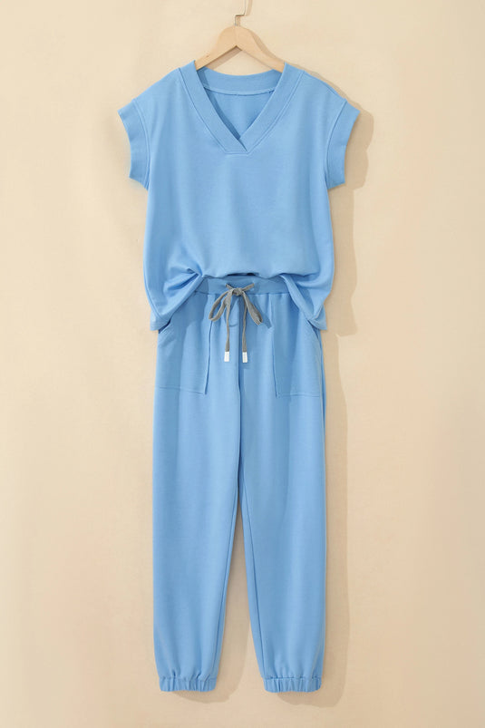 DLLS933 - Ladies Beau Blue Solid Color V Neck Tee Drawstring Pant Set