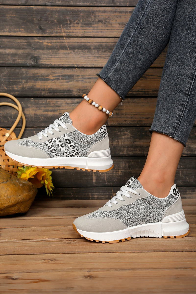 Load image into Gallery viewer, DLLSHOE 75 - White Mix Texture Patchwork Leopard Detail Lace Up Sneakers
