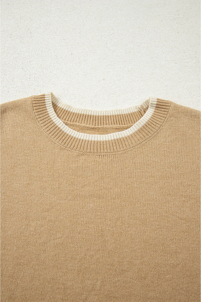 Load image into Gallery viewer, DLLS398 - Ladies Tan Leopard Bow Decor Split Cuff Contrast Trim Sweater
