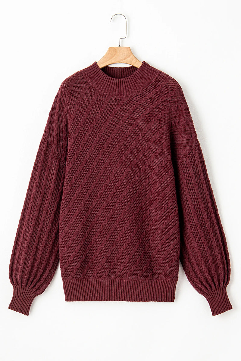 Load image into Gallery viewer, DLLS302 - Ladies Red Dahlia Textured Knit High Neck Drop Shoulder Sweater

