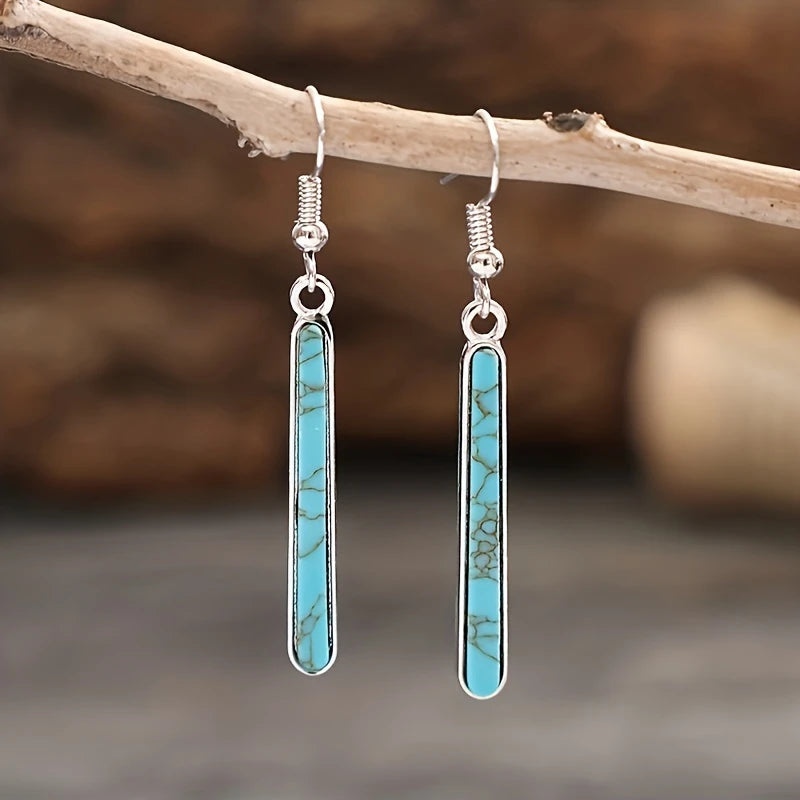 Load image into Gallery viewer, TMER49 - Medium Drop Syn. Turq. Inlaid Earrings
