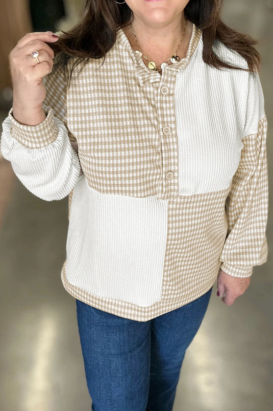 DLLS808 - Ladies Khaki Patchwork Checkered Long Sleeve Round Neck Plus Size Blouse