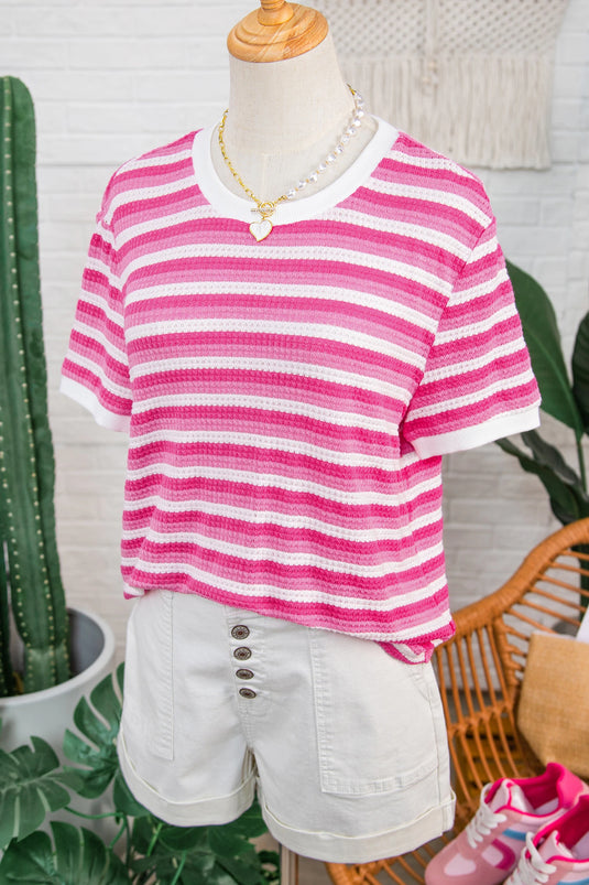 DLLS559 - Ladies Sachet Pink Textured Knit Short Sleeve Crossed Detail Tee