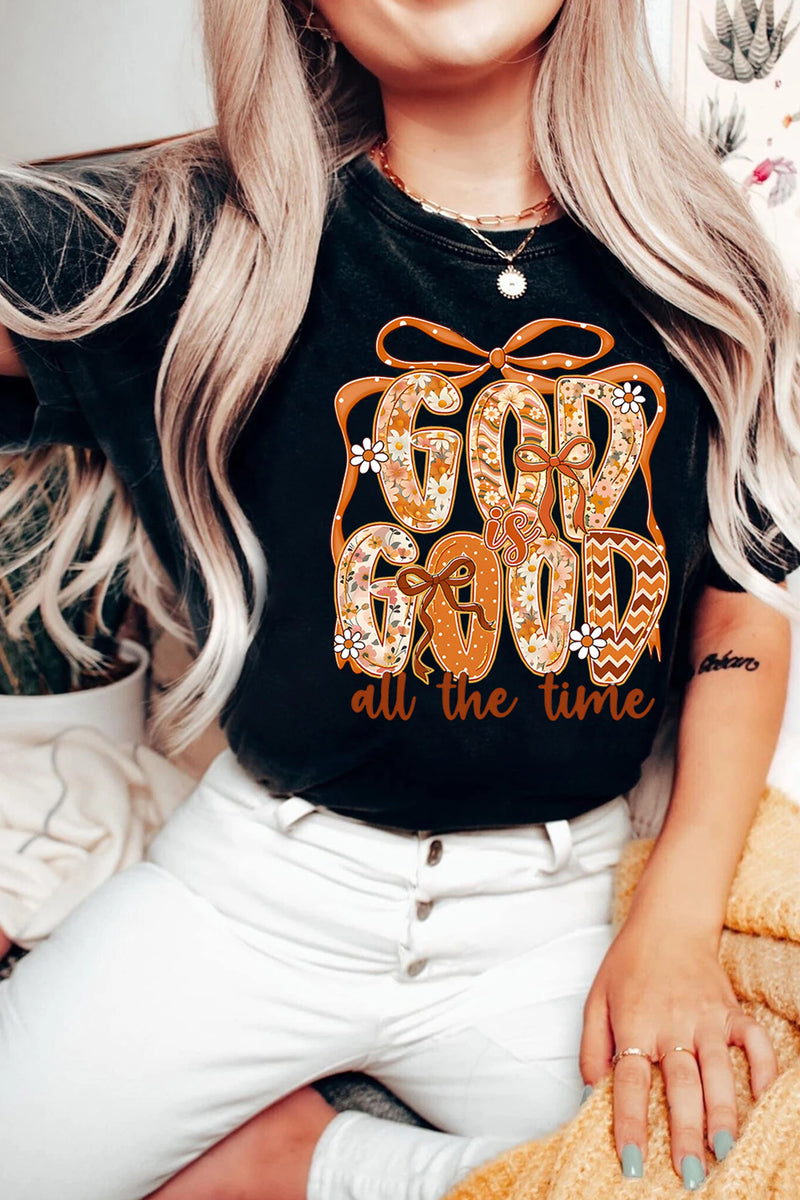 Load image into Gallery viewer, DLLS776 - Ladies Black GOD IS GOOD Thanksgiving Theme Print Custom Graphic Tee
