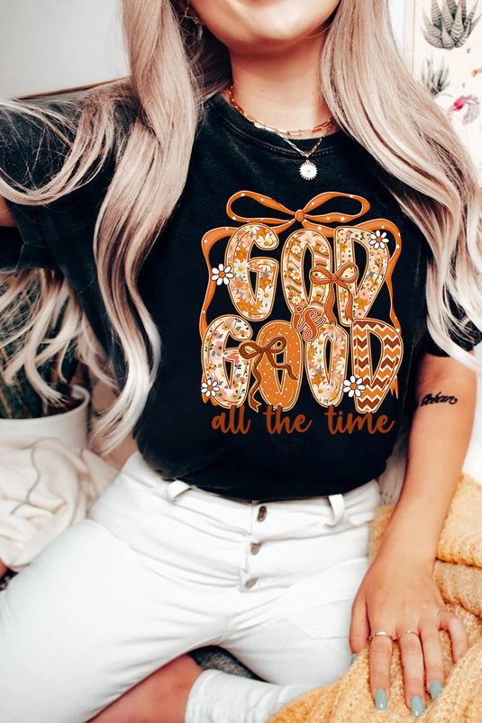 DLLS776 - Ladies Black GOD IS GOOD Thanksgiving Theme Print Custom Graphic Tee
