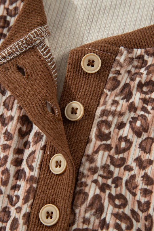 DLLS703 - Ladies Brown Leopard Print Ribbed Patchwork Half Button Loose Tee Elastic Waist Short 2pcs Set