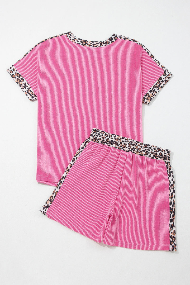 Load image into Gallery viewer, DLLS615 - Ladies Sachet Pink Leopard Trim Twist Ribbed Short Set
