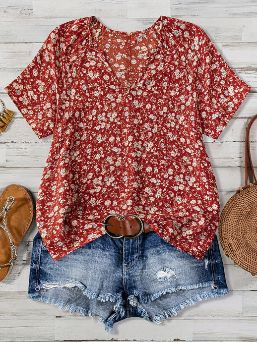 TMTSHT108 - Ladies Red Floral Print V Neck Shirt