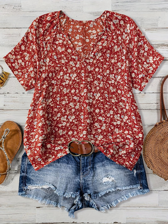TMTSHT108 - Ladies Red Floral Print V Neck Shirt